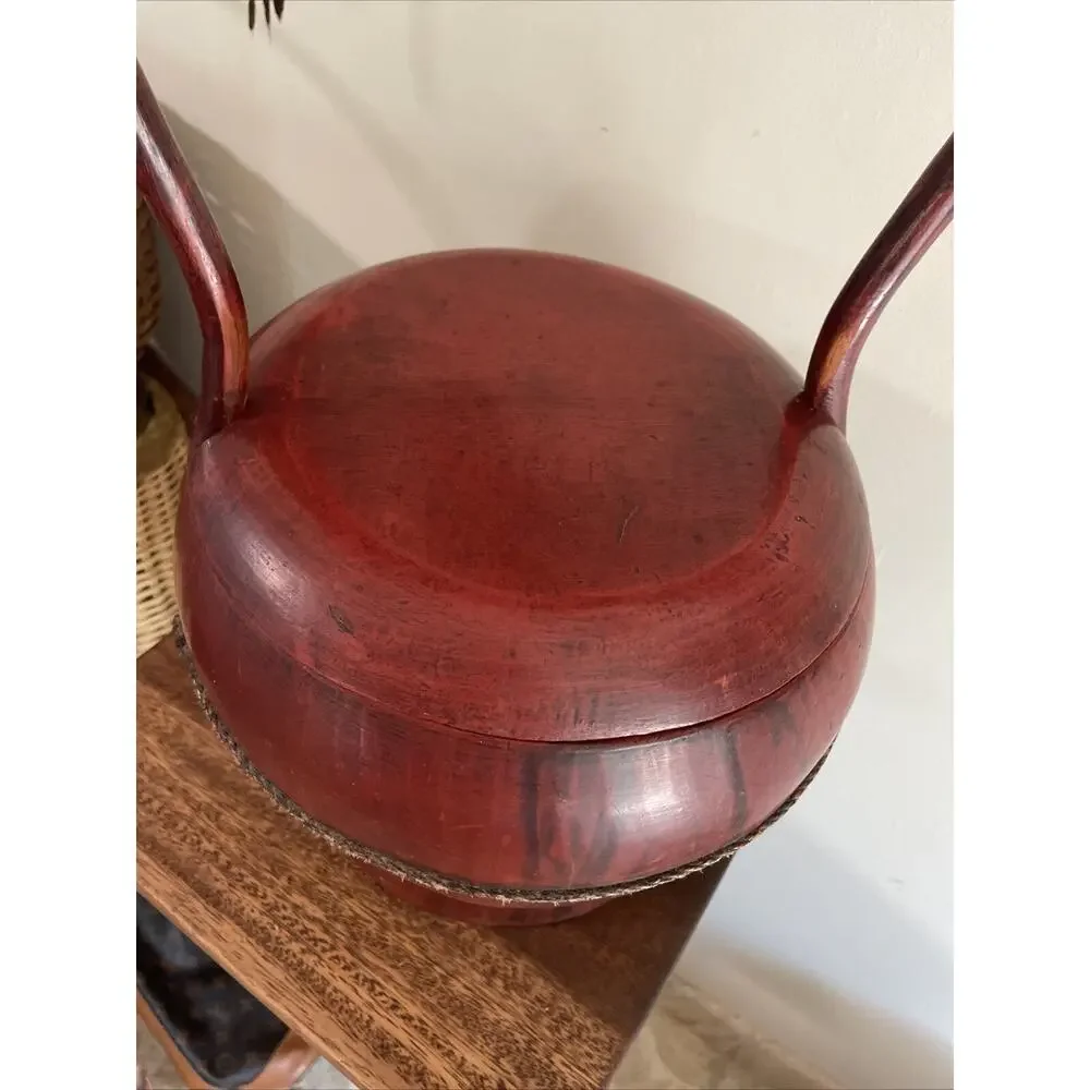 PRIMITIVE ANTIQUE CHINESE RED LACQUER WEDDING OR RICE BASKET WOOD HANDLE